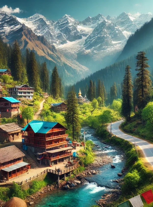 DALL·E 2025-02-01 22.52.32 – A stunning view of Himachal Pradesh, India, showcasing snow-capped Himalayan peaks, lush green valleys, and a winding mountain road. The scene feature